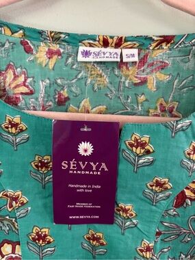 NWT Sevya Devani Floral Block Print Cotton Tunic Top Teal Gold S/M
